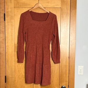 Square Neck Rust Colored Long Sleeve Ribbed Knit Dress.  Size Large. NWOT